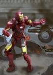  1boy car fighting_stance fire glowing_hands ground_vehicle highres iron_man kusami_toka_naku_au looking_to_the_side marvel motor_vehicle open_hands power_armor smoke solo superhero white_eyes 