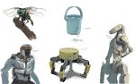  atom_(real_steel) b1_battle_droid black_eyes blue_eyes bucket bug character_name dragonfly gun highres holding holding_gun holding_weapon humanoid_robot insect insect_wings kusami_toka_naku_au leaking looking_ahead no_humans real_steel robot sketch star_wars water weapon white_background wings 