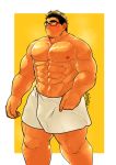  1boy abs bara black-framed_eyewear black_hair blush bulge facial_hair feet_out_of_frame higemorigen looking_to_the_side male_focus muscle naked_towel navel nipples original pectorals plump sauna short_hair simple_background solo stubble sweat thick_eyebrows thick_thighs thighs towel 