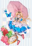  1girl :d alice_(wonderland) alice_in_wonderland animal_ears black_bow blonde_hair blue_butterfly blue_dress book bow bug bunny_ears butterfly clock dress flower frilled_dress frills full_body hair_bow holding holding_umbrella insect kawanobe long_hair looking_at_viewer open_mouth parasol pink_footwear pink_umbrella puffy_short_sleeves puffy_sleeves ribbon short_sleeves simple_background smile solo striped striped_background striped_legwear umbrella 