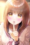  1girl absurdres bangs blunt_bangs blurry blurry_background blush breasts brown_eyes brown_hair collarbone commentary_request eyebrows_visible_through_hair finger_to_mouth heart heart-shaped_pupils highres index_finger_raised light_particles light_rays lips long_hair long_sleeves medium_breasts onenechan open_mouth original pink_neckwear pink_serafuku reflective_eyes sailor_collar school_uniform serafuku shirt solo symbol-shaped_pupils upper_body upper_teeth white_shirt 