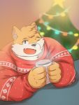  2020 anthro beverage black_nose canid canine canis christmas christmas_tree clothing coffee cup cute_fangs domestic_dog holidays kemono male mammal noichi_53 one_eye_closed overweight overweight_anthro overweight_male plant solo sweater topwear tree wink 