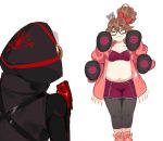  1boy 1girl boxing brown_hair clenched_hand extra_arms fat fate/grand_order fate_(series) fighting_stance ganesha_(fate) glasses gloves hair_bun hood jacket jinako_carigiri karna_(fate) karna_(santa)_(fate) leggings mouse_on_head pako pink_jacket red_gloves shorts training wavy_mouth white_hair 