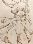  1other animal_ears breasts completely_nude fur furry highres looking_at_viewer made_in_abyss mitsuba-sama_(milkba-ng) monochrome nanachi_(made_in_abyss) navel nude open_mouth short_hair sketch small_breasts smile solo tail thighs traditional_media 