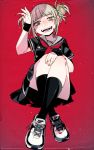  1girl :d bangs black_legwear black_shirt black_skirt blonde_hair blood blood_on_face blood_splatter blunt_bangs boku_no_hero_academia cross-laced_footwear crossed_legs double-breasted hand_up head_tilt highres kuroi_moyamoya legs_together looking_at_viewer neckerchief open_mouth red_background red_neckwear ringed_eyes sailor_collar school_uniform serafuku shirt shoes short_hair short_sleeves skirt slit_pupils smile socks solo thighhighs toga_himiko twintails white_footwear white_sailor_collar wristband yellow_eyes 
