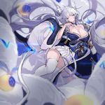  1girl absurdres animal_ear_fluff animal_ears azur_lane breasts cleavage closed_eyes detached_collar fox_ears fox_girl fox_tail grey_hair highres large_breasts long_hair multiple_tails off_shoulder shinano_(azur_lane) shisantian solo symbol_commentary tail thighhighs white_legwear wide_sleeves zettai_ryouiki 