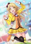 1girl :d arms_up bang_dream! bangs black_legwear blazer blonde_hair blurry blurry_background blush boots bow collared_shirt confetti cosplay cropped_jacket crossover eyebrows_visible_through_hair full_body hair_bow hoshizora_rin hoshizora_rin_(cosplay) jacket jumping long_hair long_sleeves looking_at_viewer love_live! love_live!_school_idol_project midair neck_ribbon open_clothes open_jacket open_mouth orange_footwear outdoors over-kneehighs pixiv_id red_neckwear ribbon round_teeth shirt sidelocks skirt smile solo sunny_day_song teeth thighhighs tina_(pixiv37050289) tsurumaki_kokoro twitter_username vest white_shirt wing_collar yellow_eyes yellow_jacket yellow_skirt 