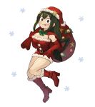  1girl :p alternate_costume asui_tsuyu belt black_eyes boku_no_hero_academia boots bow capelet commentary_request dress elbow_gloves full_body fur-trimmed_boots fur-trimmed_dress fur-trimmed_gloves fur_trim gloves green_bow green_eyes hat high_heel_boots high_heels highres korean_commentary long_hair looking_at_viewer pom_pom_(clothes) red_capelet red_dress red_footwear red_gloves sack santa_costume santa_hat simple_background sleeveless sleeveless_dress snowflakes solo sookmo tongue tongue_out white_background 