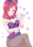  1girl absurdres animal_ears bangs blush breasts bunny_ears cleavage closed_mouth collarbone fake_animal_ears fishnet_legwear fishnets hairband highres kobayashi_nyoromichi leotard long_hair looking_at_viewer love_live! love_live!_school_idol_project nishikino_maki pantyhose playboy_bunny purple_eyes purple_hairband purple_leotard purple_ribbon red_hair ribbon shiny shiny_clothes shiny_hair sitting small_breasts smile solo strapless strapless_leotard swept_bangs white_background wrist_cuffs 