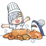  1girl 3toshinhmkz bread chef_hat chef_uniform closed_eyes commentary food hair_ornament hair_over_one_eye hairclip hamakaze_(kantai_collection) hat kantai_collection outstretched_arms shark short_hair silver_hair simple_background toque_blanche upper_body white_background 