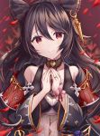  1girl animal_ears bangs black_hair black_jacket breasts cleavage closed_mouth commentary_request crying crying_with_eyes_open ear_piercing erune eyebrows_visible_through_hair granblue_fantasy hair_between_eyes hands_together hands_up head_tilt heart highres jacket jewelry long_sleeves looking_at_viewer medium_breasts nier_(granblue_fantasy) own_hands_together petals piercing red_eyes ring sakura_ani smile solo tears upper_body wide_sleeves wrist_cuffs 
