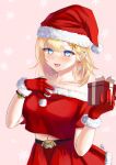  1girl absurdres bangs blonde_hair blue_eyes blush box breasts christmas collarbone commentary cowboy_shot crop_top earrings fur-trimmed_gloves fur-trimmed_headwear fur_trim gift gift_box gloves hair_ornament hand_on_own_chest hat highres holding holding_box holding_gift hololive hololive_english jewelry looking_at_viewer medium_breasts medium_hair midriff_peek naisewow navel off-shoulder_shirt off_shoulder open_mouth red_gloves red_headwear red_skirt santa_costume santa_hat shirt short_sleeves skirt smile solo star_(symbol) star_earrings star_hair_ornament upper_body virtual_youtuber watson_amelia 