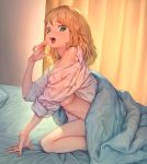  1girl bangs bed_sheet bedroom blanket blonde_hair blush breasts character_request copyright_request curtains finger_to_face green_eyes looking_at_viewer medium_breasts mifu_(b24vc1) open_clothes open_mouth open_shirt pillow shirt short_hair solo white_shirt 