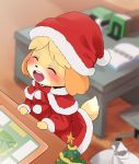  1girl ^_^ animal_crossing animal_ears blush blush_stickers closed_eyes commentary_request dagashi_(daga2626) dog_ears furry hat highres isabelle_(animal_crossing) open_mouth red_headwear red_neckwear red_ribbon ribbon santa_costume santa_hat smile solo tail upper_teeth 