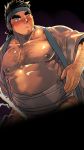  1boy arm_hair bandages bara bare_pecs belly black_hair blue_eyes blush bulge censored cowboy_shot cum ejaculation facial_hair hairy happi headband higemorigen highres jacket japanese_clothes leg_hair male_focus muscle nipples one_eye_closed open_clothes open_jacket original pectorals plump projectile_cum reward_available short_hair sideburns solo stomach stubble thick_eyebrows thick_thighs thighs 