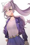  1girl absurdres alternate_costume blush breasts casual choker double_bun earrings genshin_impact glasses hair_bun highres jacket jewelry keqing open_clothes open_jacket purple_eyes purple_hair purple_jacket purple_shirt purple_skirt see-through shirt simple_background skirt smile solo twintails white_background wokiiarts 