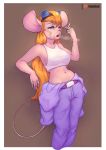  2020 anthro blue_eyes breasts chip_&#039;n_dale_rescue_rangers clothing digital_media_(artwork) disney eyebrows eyelashes female gadget_hackwrench hair hi_res mammal midriff monian mouse murid murine navel open_mouth orange_hair overalls rodent shirt smoking solo tank_top teeth tongue topwear 