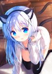  1girl all_fours animal_ear_fluff animal_ears black_hairband black_legwear blue_eyes blue_hair blurry blurry_background blush cat_ears cat_tail chinomaron collarbone commentary_request depth_of_field fake_animal_ears fang gochuumon_wa_usagi_desu_ka? gradient_hair hair_ornament hairband highres hood hood_down hooded_jacket jacket kafuu_chino long_hair looking_at_viewer multicolored_hair no_shoes parted_lips signature solo tail thighhighs very_long_hair white_hair white_jacket x_hair_ornament 