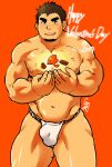  1boy bara belly blush brown_hair bulge candy chocolate chocolate_heart cowboy_shot facial_hair food fundoshi goatee happy_valentine heart higemorigen highres japanese_clothes looking_at_viewer male_focus muscle navel nipples original pectorals plump short_hair solo thick_eyebrows thick_thighs thighs underwear underwear_only 
