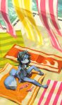  2011 anthro bikini biped blue_body blue_fur breasts canid canine clothing edtropolis featureless_breasts female fox fur hi_res high-angle_view krystal mammal nintendo nude signature sitting solo star_fox swimwear towel video_games 