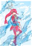  1girl blue_background border brown_eyes closed_mouth colored_skin commentary_request fins fish_girl hair_ornament highres holding holding_spear holding_weapon jewelry long_hair looking_at_viewer mipha monster_girl multicolored multicolored_skin no_eyebrows outside_border pointy_ears polearm red_hair red_skin seri_(yuukasakura) smile solo spear the_legend_of_zelda the_legend_of_zelda:_breath_of_the_wild water weapon white_border zora 