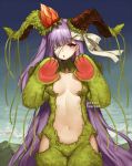  1girl :o bandage_over_one_eye bandaged_head bandages blush breasts clip_studio_paint_(medium) commentary cowboy_shot english_commentary fate/grand_order fate_(series) flower gloves hair_flower hair_ornament hair_ribbon hands_up horns kingprotea large_breasts long_hair looking_at_viewer moss navel one_eye_covered parted_lips paw_gloves paws purple_eyes purple_hair red_flower ribbon solo standing terupancake twitter_username very_long_hair white_ribbon 