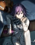  1boy absurdres bangs bed bottle checkered checkered_scarf closed_mouth commentary_request danganronpa_(series) danganronpa_v3:_killing_harmony fanta feet_out_of_frame from_above hair_between_eyes head_rest highres holding holding_bottle horse_head indoors jacket long_sleeves looking_at_viewer male_focus muuyiie ouma_kokichi pants purple_eyes purple_hair scarf short_hair sitting smile soda_bottle solo straitjacket white_jacket white_pants 