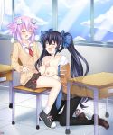  2girls artist_name black_hair blazer blush bow breasts breasts_outside breath chair classroom closed_eyes cloud cum d-pad d-pad_hair_ornament day desk ejaculation eye_contact futa_with_female futanari hair_bow hair_ornament highres indoors jacket kneeling lkuma long_hair looking_at_another medium_breasts medium_hair moaning multiple_girls necktie neptune_(neptune_series) neptune_(series) nipples noire open_mouth paizuri penis purple_hair school_chair school_desk school_uniform shoes sitting skirt sky smile sneakers socks sweatdrop thighhighs transparent twintails very_long_hair white_legwear window 