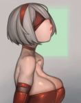  1girl alternate_costume bare_shoulders blindfold breasts choker christmas cleavage commentary english_commentary eyelashes from_side gloves green_background grey_background grey_eyes grey_hair hairband highres kelvin_hiu large_breasts lips looking_at_viewer nier_(series) nier_automata no_blindfold puckered_lips red_blindfold red_choker red_gloves red_hairband short_hair solo strapless two-tone_background yorha_no._2_type_b 