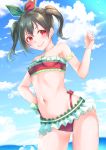  1girl absurdres arm_strap bangs bikini blue_sky blurry blurry_background blush bow breasts brown_hair closed_mouth cloud collarbone contrapposto cowboy_shot day eyebrows_visible_through_hair food_print green_bow hair_between_eyes hair_bow hand_on_hip highleg highleg_bikini highres kobayashi_nyoromichi looking_at_viewer love_live! love_live!_school_idol_project medium_hair navel ocean outdoors polka_dot polka_dot_bikini print_bikini red_bikini red_eyes shiny shiny_hair sky small_breasts smile solo standing summer swimsuit thigh_gap twintails watermelon_print yazawa_nico 