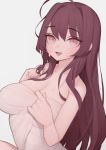  1girl absurdres ahoge bare_shoulders blush collarbone eyebrows_visible_through_hair eyes_visible_through_hair fang grey_background highres long_hair open_mouth original pink_eyes purple_hair rabbit_(wlsdnjs950) simple_background smile solo sweat tongue 