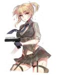  1girl black_skirt black_vest blonde_hair blue_gloves blue_neckwear braid breasts character_request commentary contrapposto cowboy_shot cropped_legs english_commentary french_braid girls_frontline gloves green_eyes grey_shirt gun half_gloves handgun holding holding_gun holding_weapon large_breasts looking_at_viewer miniskirt navel necktie parted_lips pistol scar shirt short_hair simple_background skirt solo standing terupancake twintails twitter_username vest weapon white_background 