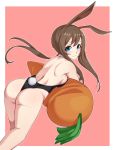  1girl ajidot amiya_(arknights) animal_ears arknights ass back backboob bare_shoulders black_leotard blue_eyes breasts brown_hair bunny_ears bunny_tail carrot commentary_request detached_collar facing_away fake_tail hair_between_eyes highres korean_commentary leotard long_hair looking_at_viewer playboy_bunny rabbit_girl solo tail 
