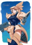  1girl boots breasts dated gelgoog green_eyes gundam hair_over_one_eye highres large_breasts looking_at_viewer looking_down mecha_musume michi_kuso mobile_suit_gundam one_eye_covered personification short_hair solo symbol_commentary thigh_boots thighhighs v zeon 