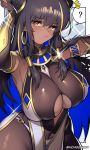  1girl black_hair blonde_hair bodysuit bodysuit_under_clothes breasts center_opening cowboy_shot dark_skin egypt egyptian elbow_gloves gloves highres large_breasts looking_at_viewer multicolored_hair nichigeckoh original solo streaked_hair tan two-tone_hair underboob yellow_eyes 