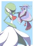  absurdres bird blue_background closed_eyes closed_mouth commentary_request creature gardevoir gen_3_pokemon gen_7_pokemon highres jahana_mei oricorio oricorio_(sensu) outstretched_arm pokemon pokemon_(creature) shiny 