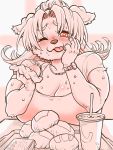  &lt;3 &lt;3_eyes 3:4 anthro beverage big_breasts bodily_fluids breasts burger canid canine canis cleavage clock clothed clothing digital_media_(artwork) domestic_dog eating female fluffy food hair hi_res jewelry long_hair looking_at_viewer mammal monochrome necklace nzuuure one_eye_closed smile sweat tongue tongue_out watch wink 