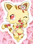  2020 accessory brown_stripes cherry chibi clothing digital_media_(artwork) domestic_cat felid feline felis female flower food fruit fur hi_res jewelpet jewelry kemono licking lingerie mammal necklace one_eye_closed plant pyritie red_eyes ribbons sango_(jewelpet) sanrio semi-anthro simple_background solo strawberry stripes tabby_cat tail_bow tail_ribbon tan_body tan_fur tongue tongue_out wink 