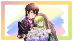  1boy 1girl black_capelet black_hair bouquet c.c. capelet closed_eyes closed_mouth code_geass collarbone couple d-l-l detached_sleeves flower frilled_sleeves frills green_hair green_sleeves hair_flower hair_ornament highres holding holding_bouquet leaning_to_the_side lelouch_lamperouge long_hair purple_eyes purple_flower rose shiny shiny_hair short_hair smile upper_body veil very_long_hair white_flower white_rose 