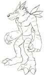  anthro barefoot black_and_white briefs canid canine clothed clothing digimon digimon_(species) dog_tags looking_away male mammal monochrome scar simple_background sketch smile solo teeth_showing thegreatmatsutzu topless underwear weregarurumon white_background 