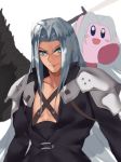  2boys black_eyes black_wings blue_eyes blush blush_stickers borrowed_hairstyle cosplay feathered_wings final_fantasy final_fantasy_vii holding holding_weapon kirby kirby_(series) kuavera looking_at_viewer male_focus masamune_(ffvii) multiple_boys sephiroth sephiroth_(cosplay) silver_hair single_wing sketch super_smash_bros. sword weapon wings 