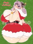  anthro big_breasts big_butt blush bovid breast_squish breasts butt caprine christmas clothing ezukapizumu female green_background hi_res holidays huge_breasts huge_butt looking_back mammal pentagram simple_background solo squish thick_thighs tight_clothing 