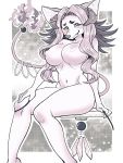  3:4 anthro big_breasts biped black_hair breasts canid canine curvy_figure demon fangs female fire fur hair hi_res horn hybrid long_hair looking_at_viewer mammal navel nipples nude nzuuure pink_body pink_fur pupils sitting slit_pupils smile solo white_body white_fur 