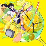  1girl amplifier_(instrument) black_hair black_sailor_collar black_skirt blush drinking_straw electric_guitar floating_hair food fruit guitar instrument kiwi_slice kiwifruit liquid long_hair neckerchief orange orange_slice original pineapple pineapple_slice pink_footwear pleated_skirt ponytail red_neckwear sailor_collar school_uniform serafuku shirt shoes short_sleeves simple_background skirt smile solo starfruit white_shirt yellow_background yoshimon 