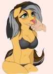  2019 5_fingers ambiguous_gender anthro black_clothing black_underwear blush bodily_fluids breasts brown_hair cleavage clothed clothing duo ears_down equid equine fan_character female female/ambiguous fingers friendship_is_magic green_eyes grey_hair hair hand_on_chin hand_under_chin hasbro hi_res horse human mammal my_little_pony orange_body pivoted_ears pony saliva saliva_on_tongue sitting submissive submissive_female tongue tongue_out underwear ynery 