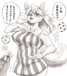  anthro big_breasts breasts canid canine canis clothed clothing dialogue dress female hand_on_hip hi_res kemono mammal monochrome nipple_outline nzuuure text translation_request wide_hips wolf 