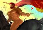  1boy abs absurdres ass bar_censor bara beard cape censored completely_nude dark_skin dark_skinned_male erection facial_hair fate/grand_order fate/zero fate_(series) from_behind fur-trimmed_cape fur_trim highres horse horseback_riding iskandar_(fate) male_focus middle_finger muscle navel navel_hair nipples nude one_eye_closed pectorals red_cape red_eyes red_hair riding short_hair solo thick_thighs thighs treesiming veins 