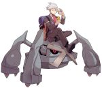  1boy alternate_color bag claws closed_mouth creature crossed_legs frown gen_3_pokemon holding jaho long_sleeves male_focus metagross pants pokemon pokemon_(creature) pokemon_(game) pokemon_oras riding riding_pokemon shiny_pokemon shoes sitting steven_stone 