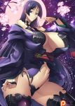  1girl absurdres breasts cosplay cup curvy fate/grand_order fate_(series) haganef highres horns huge_breasts japanese_clothes kimono long_hair looking_at_viewer low-tied_long_hair minamoto_no_raikou_(fate/grand_order) oni_horns open_clothes open_kimono purple_eyes purple_hair purple_kimono revealing_clothes sakazuki shuten_douji_(fate/grand_order) shuten_douji_(fate/grand_order)_(cosplay) smile solo very_long_hair 