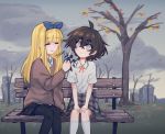  2girls :d autumn_leaves bangs bench black_hair black_legwear black_skirt blind_girl_(popopoka) blue_neckwear blue_ribbon brown_sweater bully_girl_(popopoka) closed_eyes closed_mouth cloud cloudy_sky commentary crossed_bangs cutting_hair day english_commentary freckles grey_eyes hair_between_eyes highres holding holding_scissors long_sleeves medium_hair miniskirt multiple_girls neck_ribbon onomatopoeia open_mouth orange_neckwear orange_ribbon original outdoors pantyhose park pleated_skirt popopoka ribbon scissors sitting skirt sky smile socks sound_effects sweater white_legwear wide-eyed 